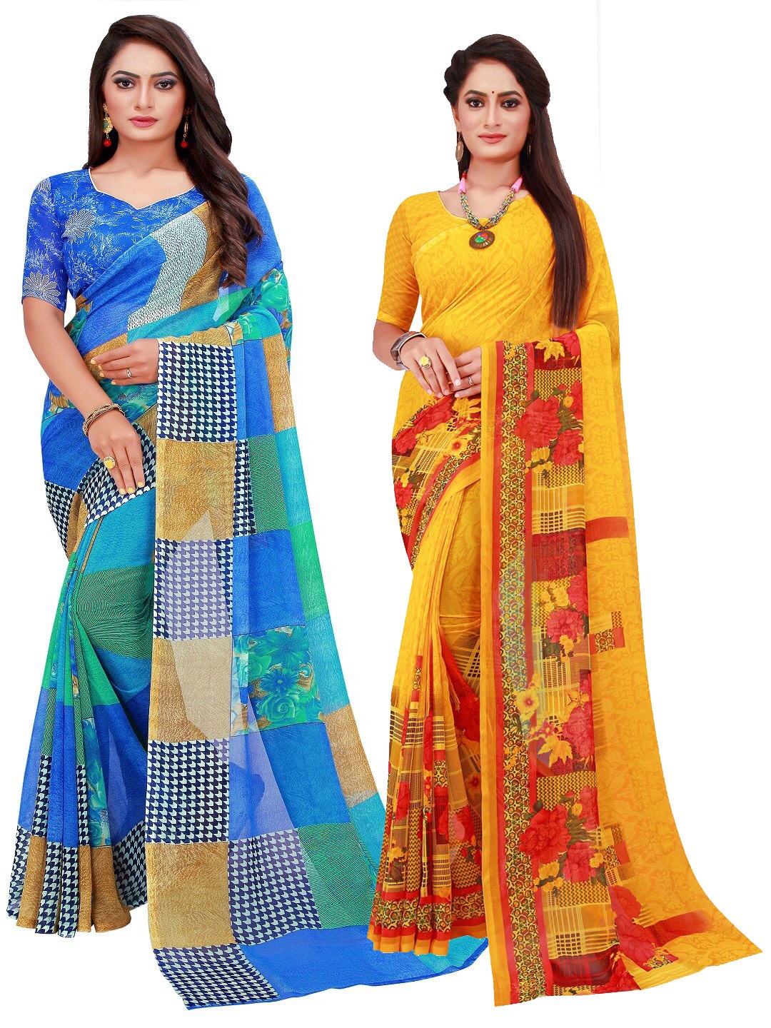

KALINI Pack Of 2 Yellow & Blue Pure Georgette Sarees
