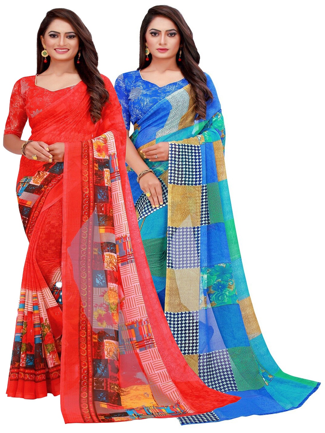 

KALINI Pack of 2 Pure Georgette Sarees, Red