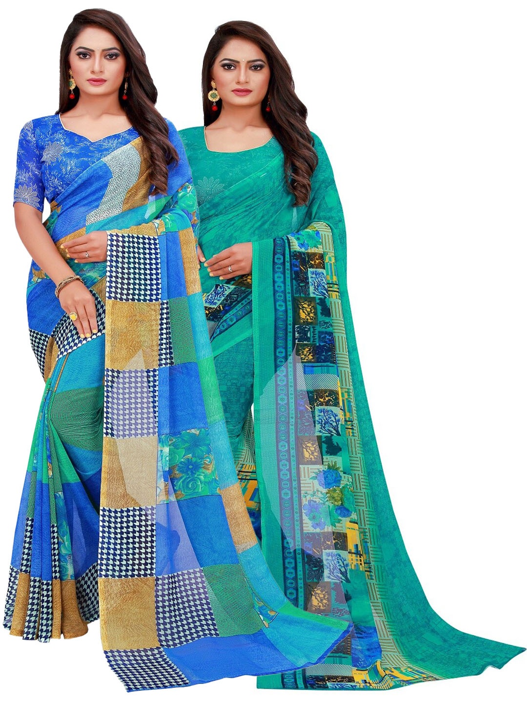 

KALINI Pack Of 2 Blue & Green Pure Georgette Saree