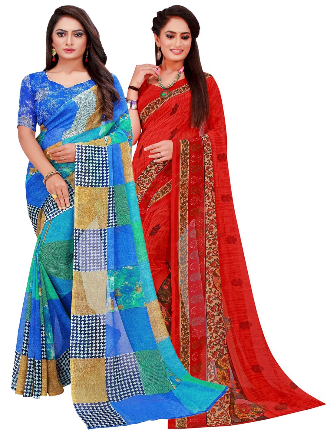 

KALINI Pack of 2 Blue & Red Pure Georgette Saree