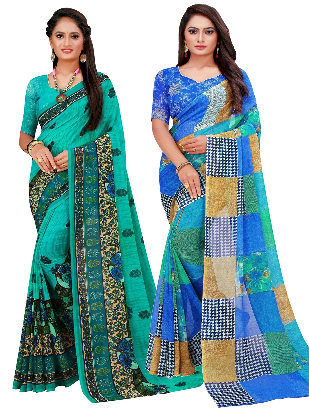 

KALINI Pack Of 2 Blue & Green Pure Georgette Saree