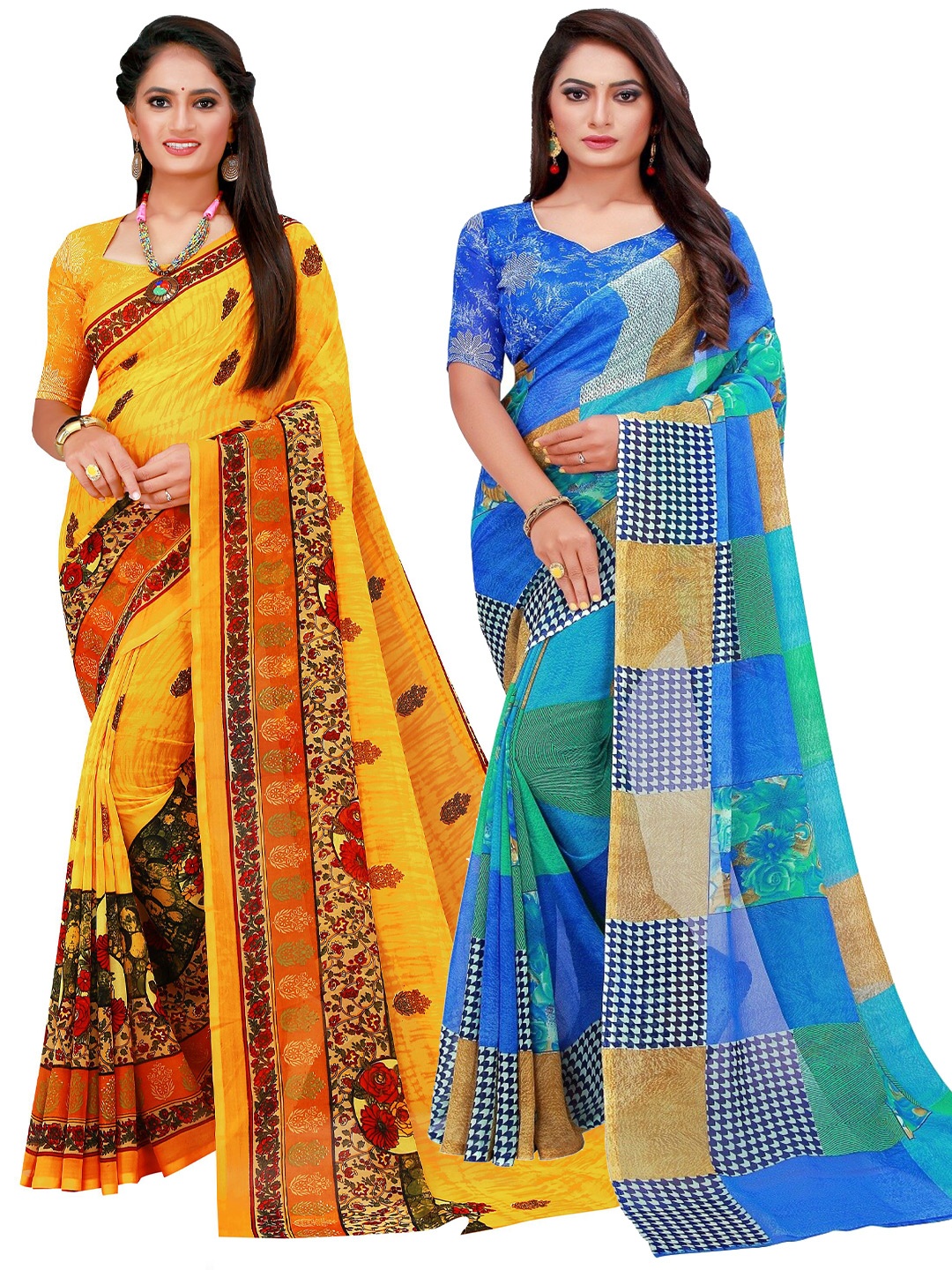 

KALINI Pack of 2 Blue & Yellow Pure Georgette Saree