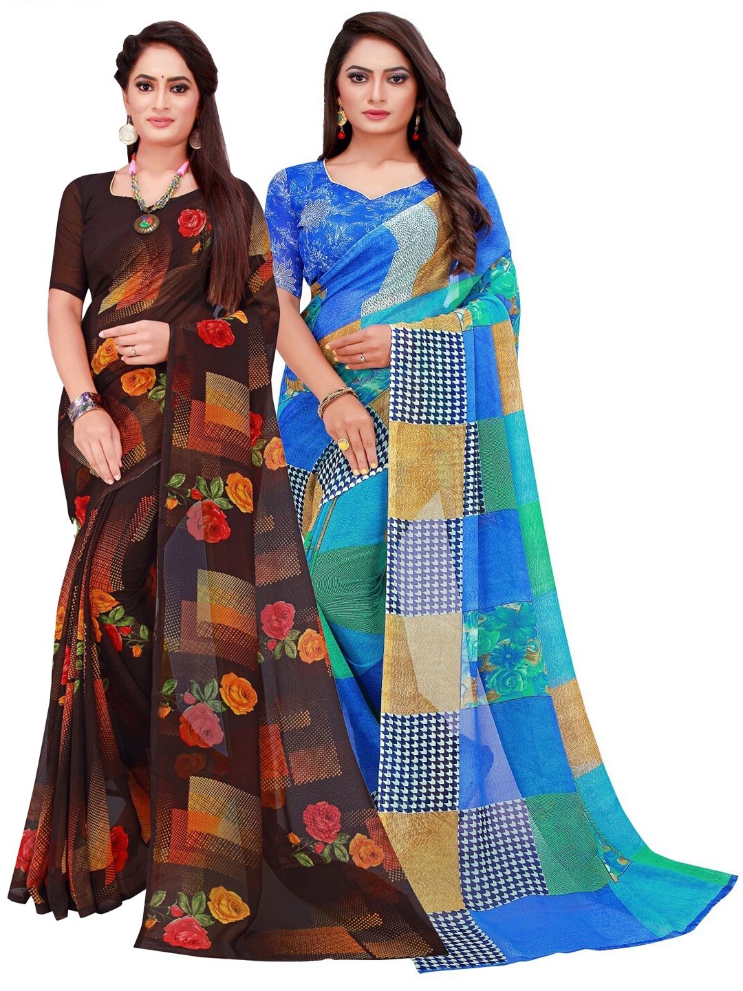 

KALINI Pack of 2 Pure Georgette Sarees, Blue