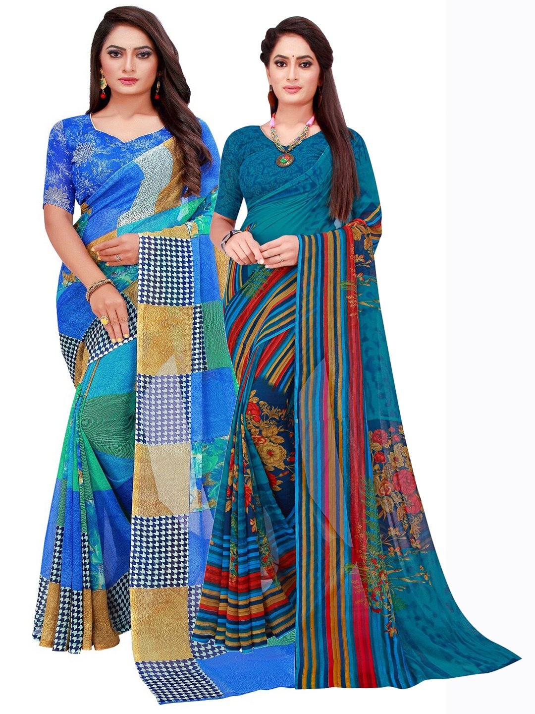 

KALINI Pack Of 2 Blue & Brown Pure Georgette Saree