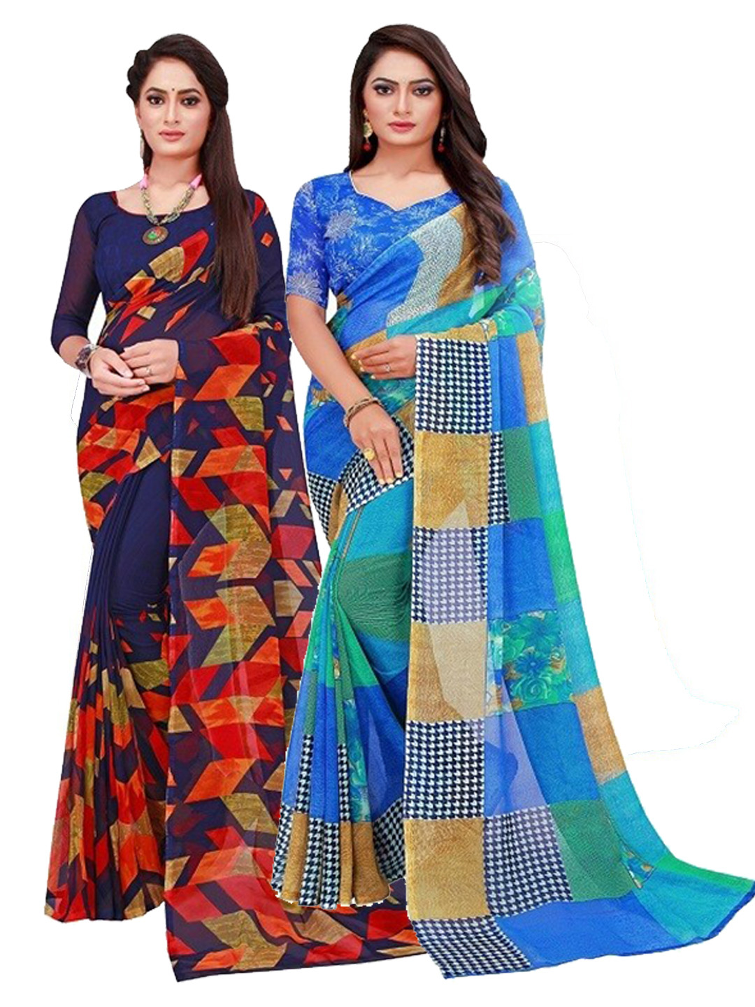 

KALINI Pack of 2 Navy Blue & Blue Pure Georgette Sarees