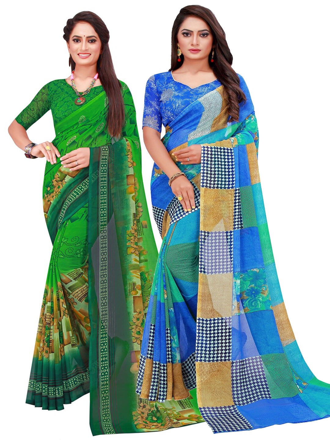 

KALINI Pack Of 2 Blue & Green Pure Georgette Saree