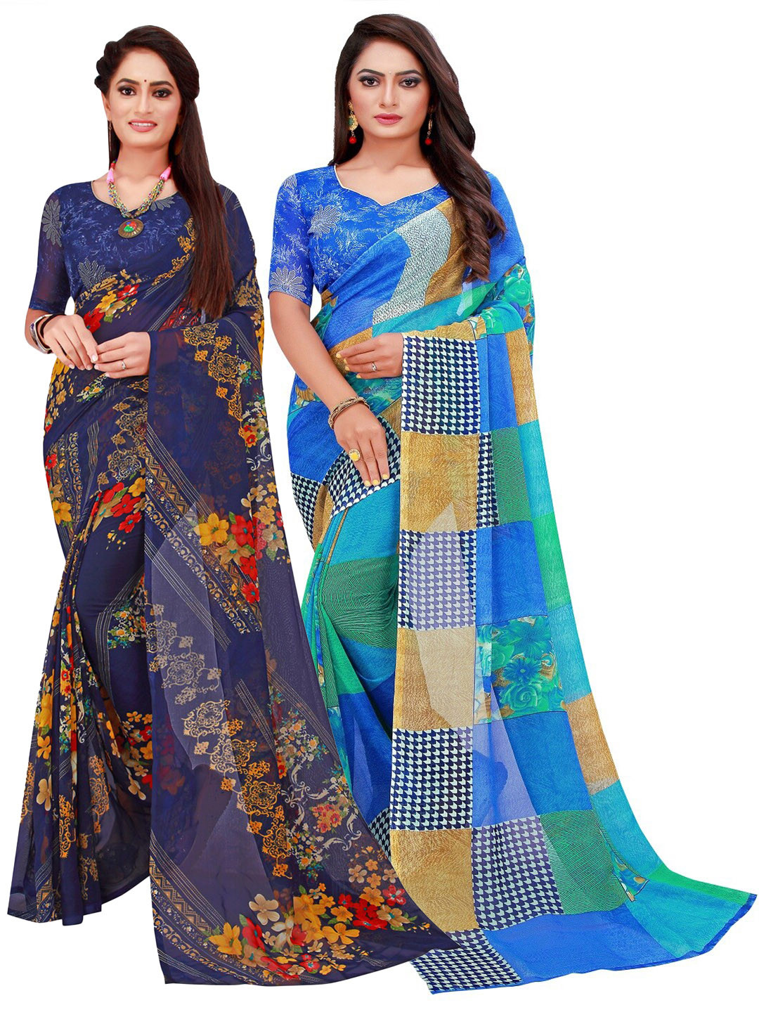 

KALINI Pack of 2 Blue & Navy Blue Floral Pure Georgette Sarees