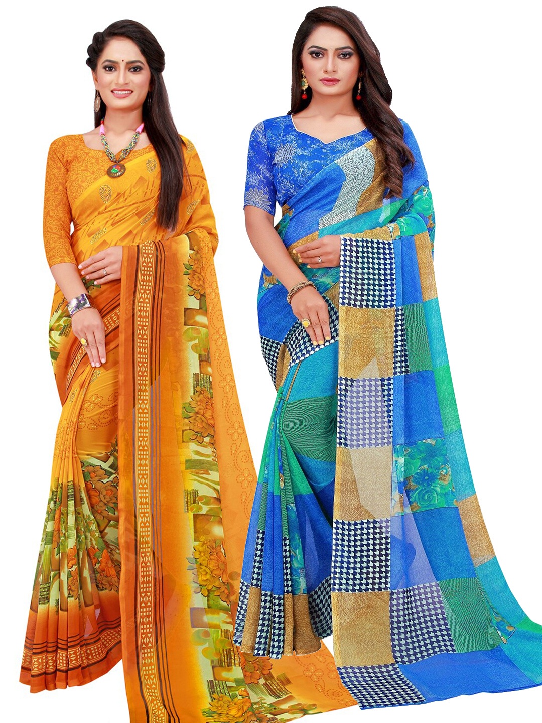 

KALINI Blue & Yellow Set of 2 Floral Printed Georgette Saree