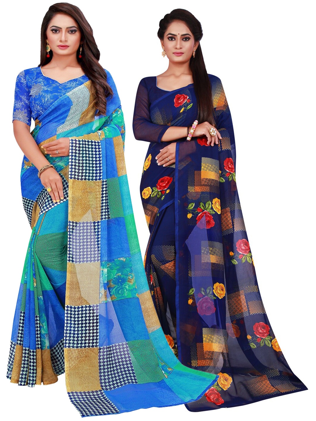 

KALINI Blue & Navy Blue Floral Printed Pure Georgette Saree Pack Of 2