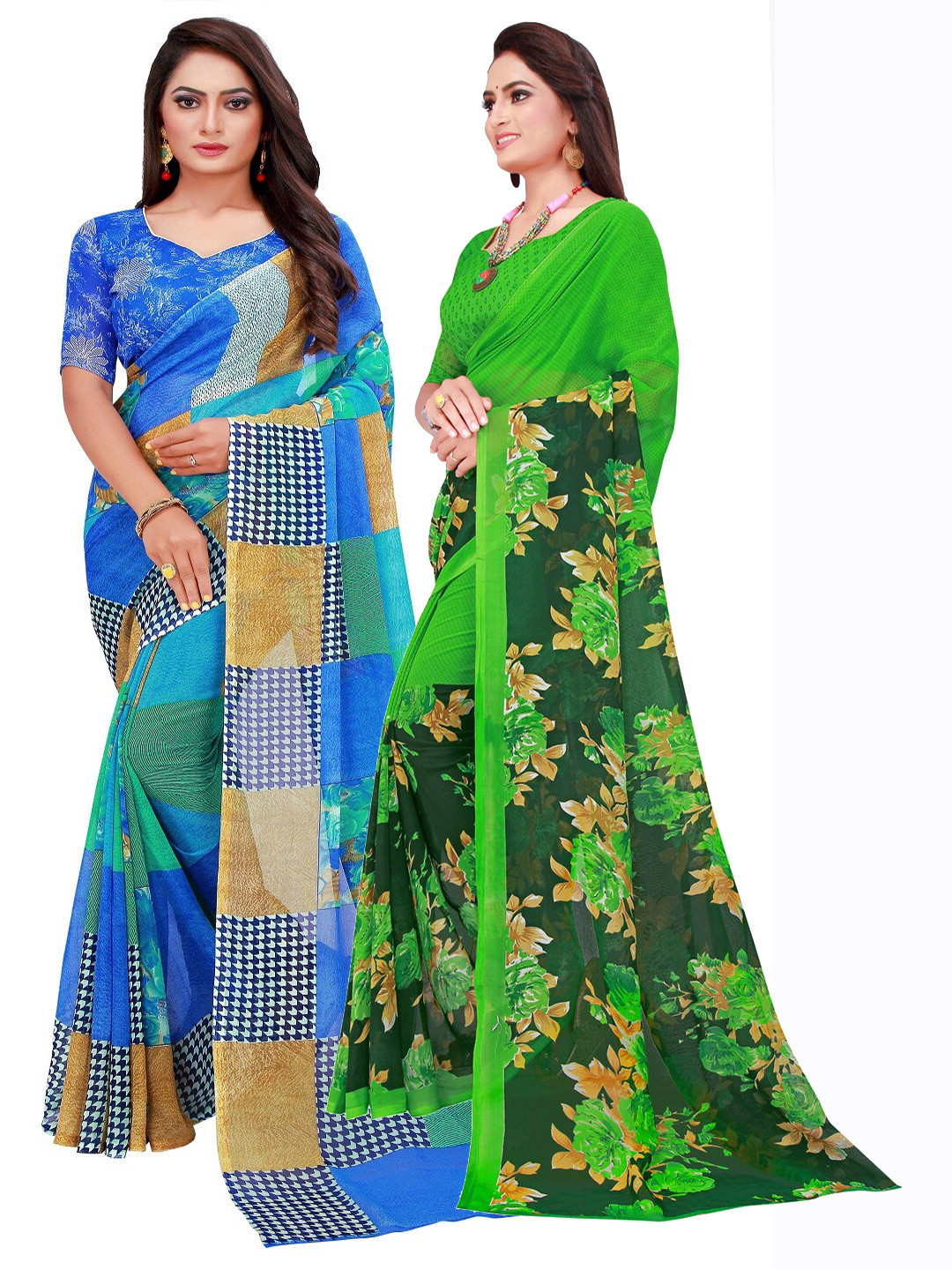 

KALINI Pack of 2 Blue & Green Pure Georgette Sarees