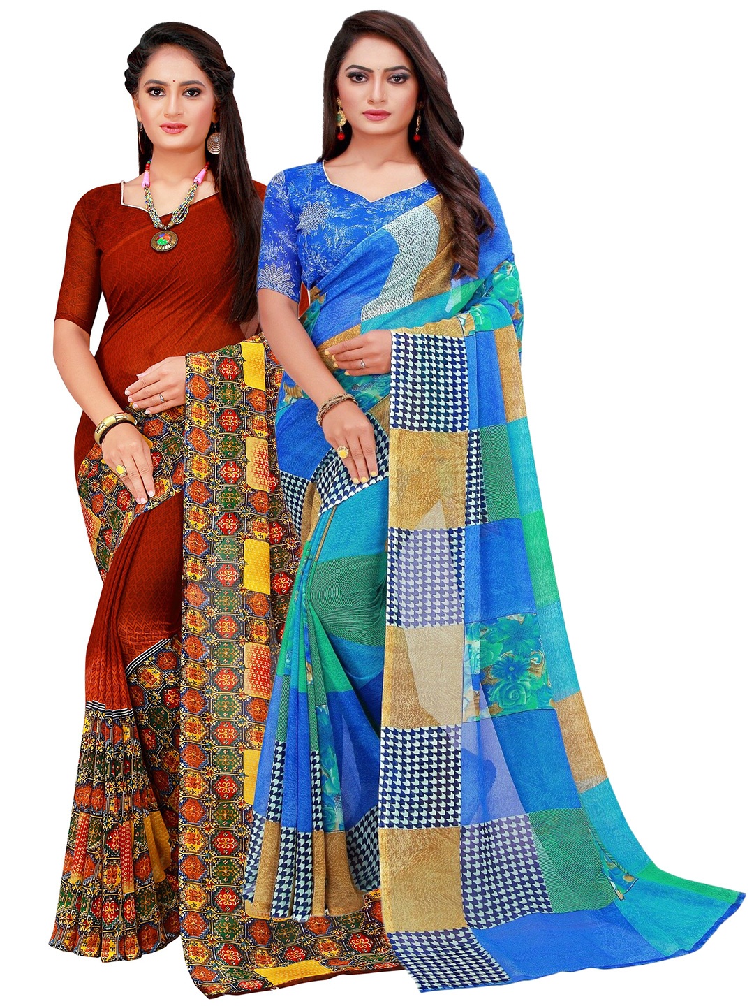 

KALINI Pack Of 2 Blue & Brown Floral Printed Pure Georgette Saree