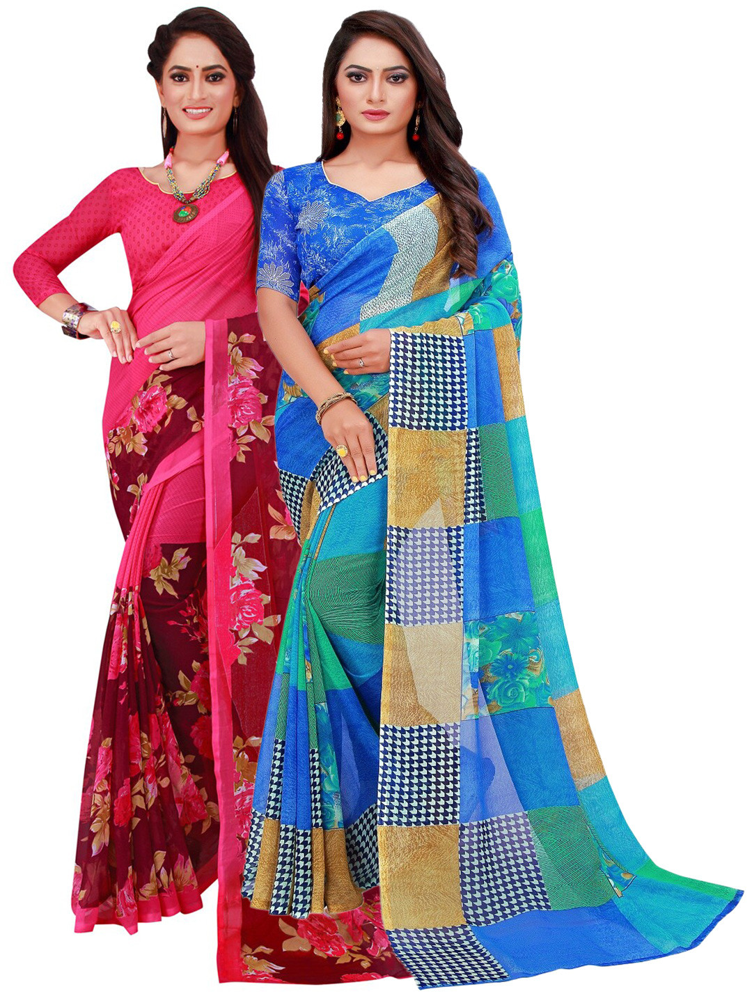 

KALINI Set Of 2 Blue & Pink Floral Pure Georgette Saree