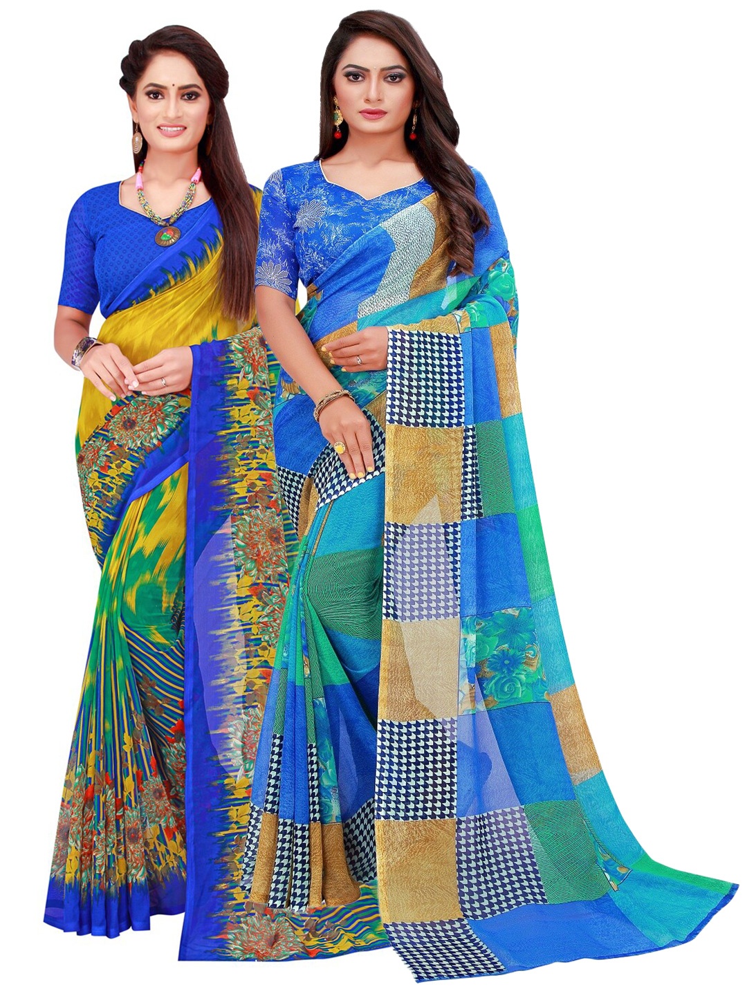 

KALINI Blue & Mustard Floral Pure Georgette Saree Pack Of 2