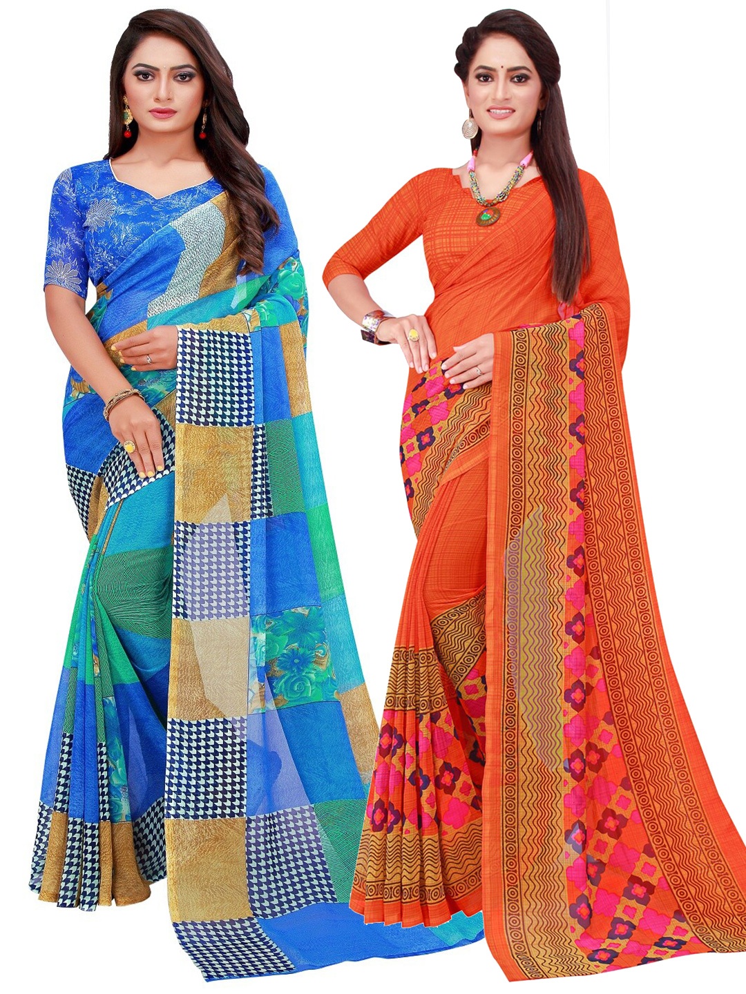 

KALINI Pack of 2 Printed Pure Georgette Sarees, Orange