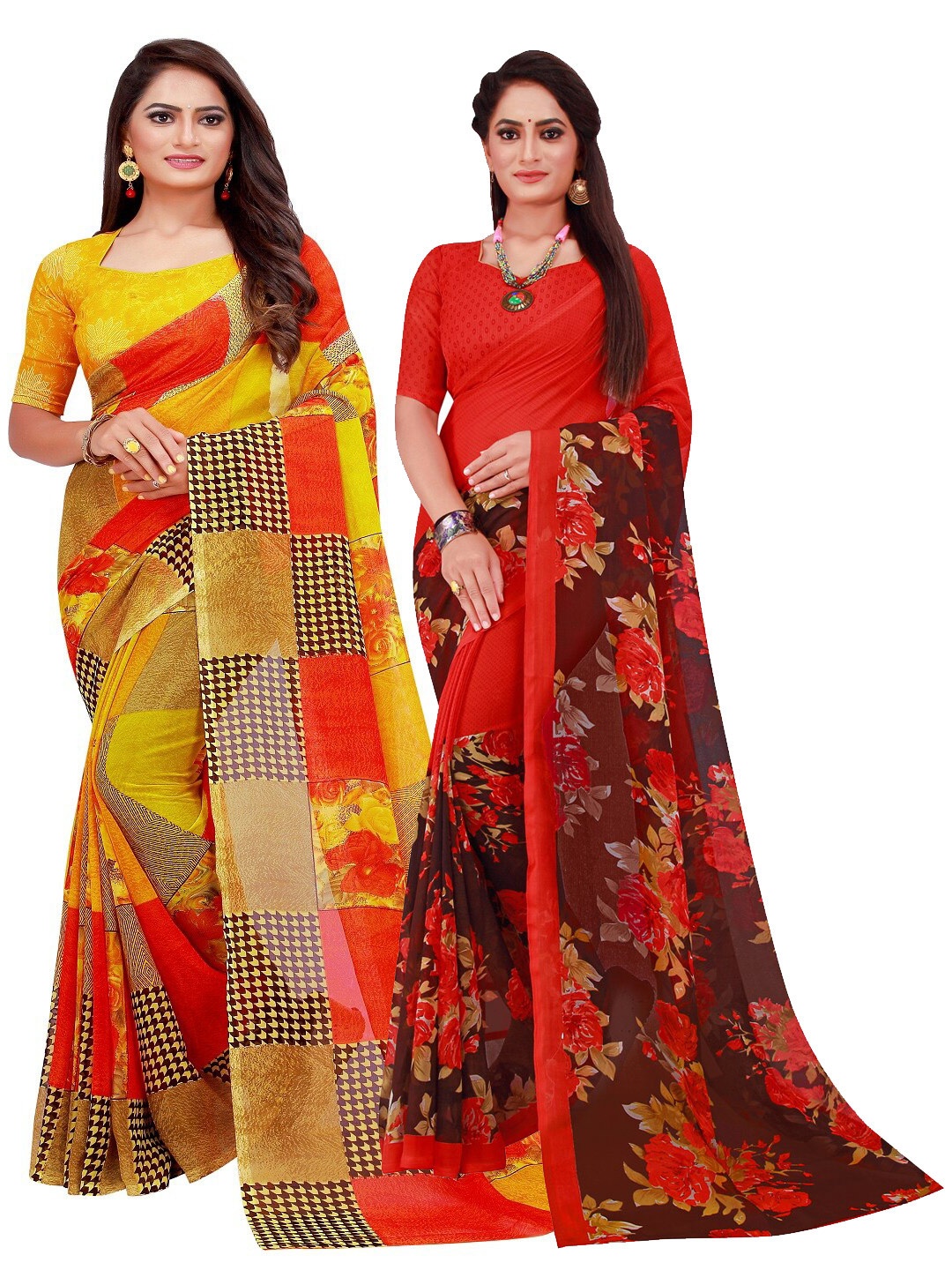 

KALINI Pack of 2 Yellow & Red Floral Pure Georgette Sarees