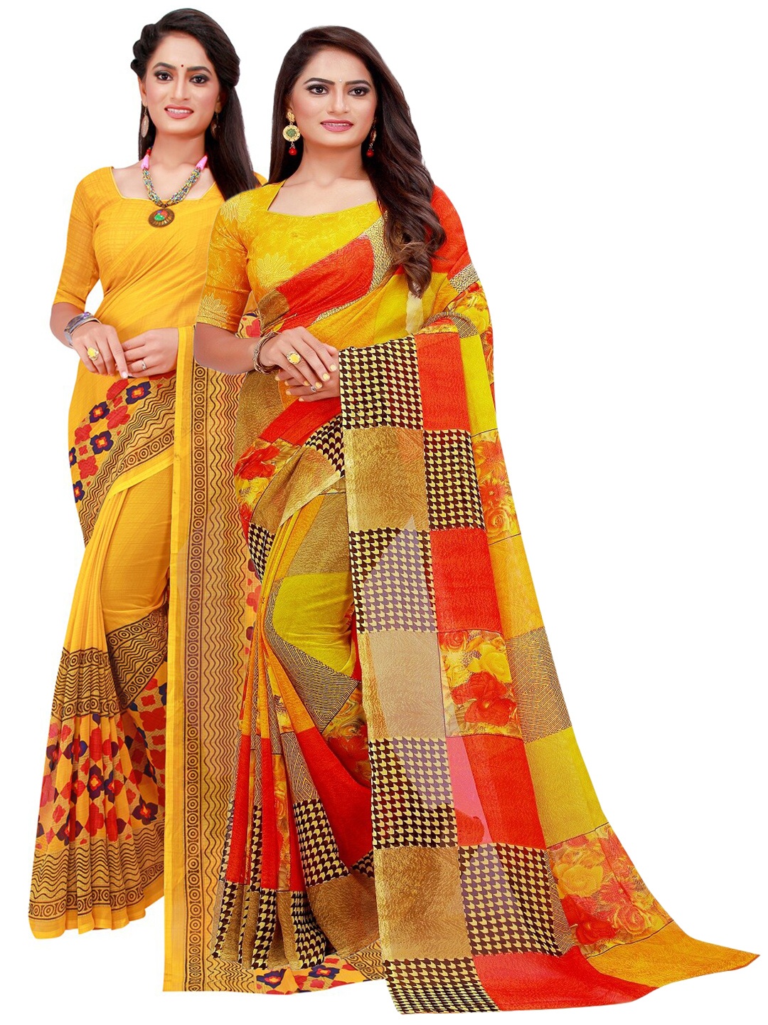 

KALINI Pack Of 2 Yellow & Red Pure Georgette Saree