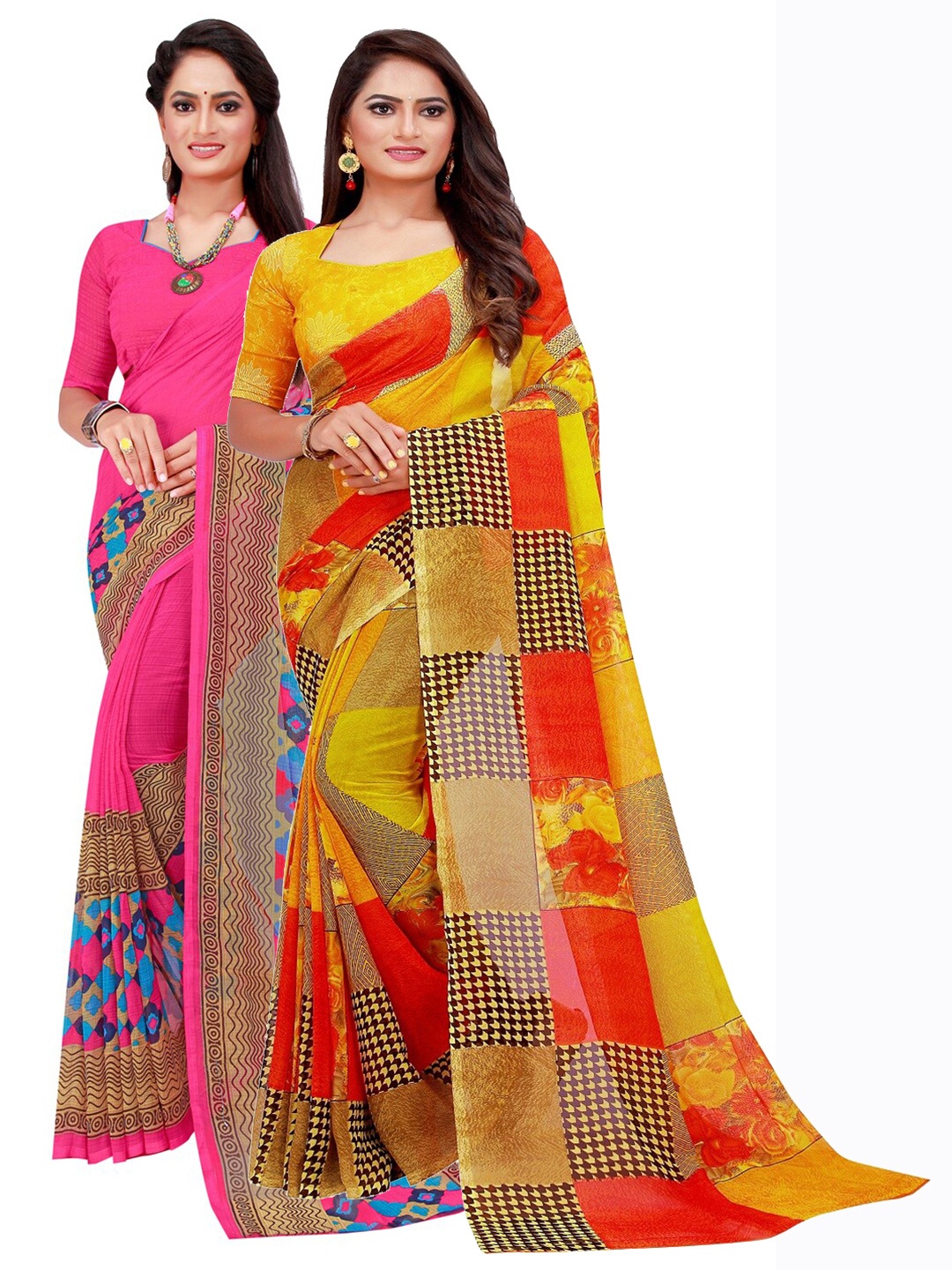 

KALINI Magenta & Yellow Set of 2 Floral Printed Georgette Saree