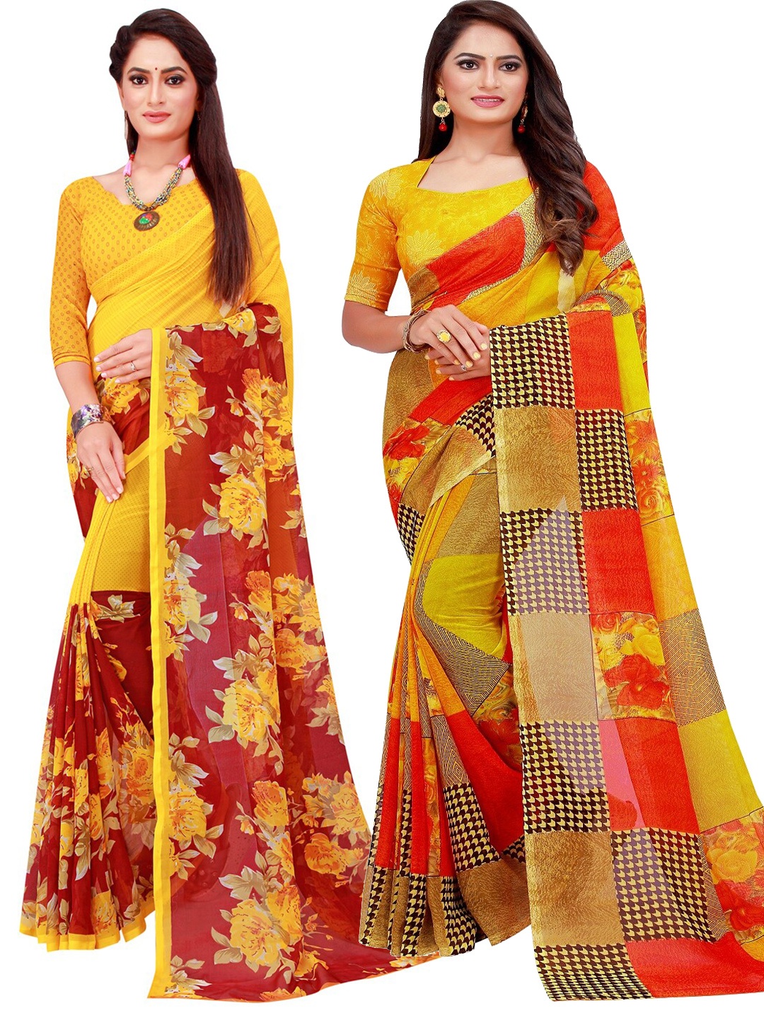 

KALINI Yellow & Maroon Set Of 2 Floral Pure Georgette Saree
