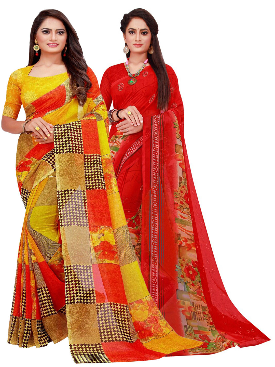 

KALINI Pack of 2 Red & Yellow Pure Georgette Sarees
