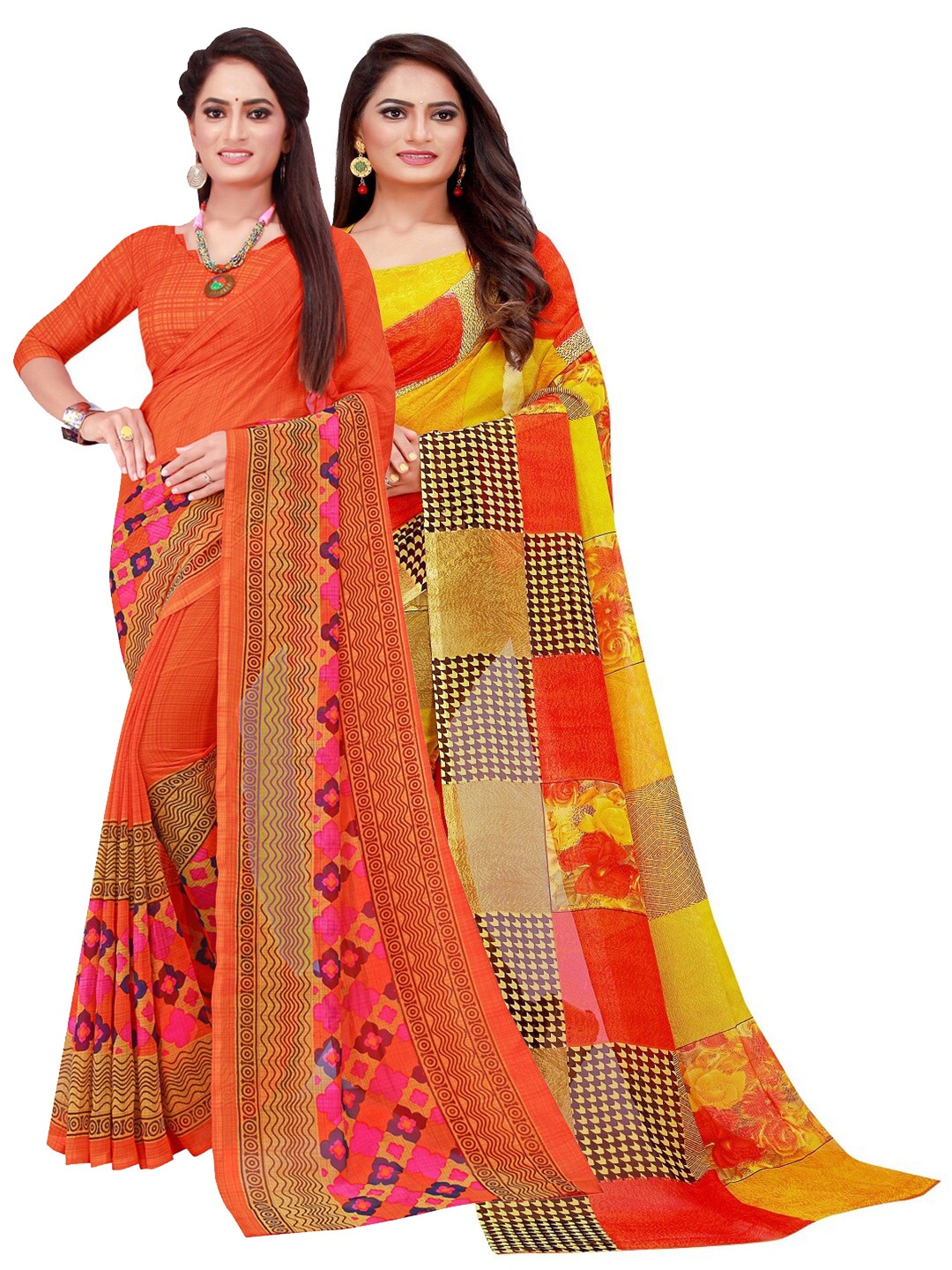 

KALINI Pack Of 2 Orange & Yellow Floral Printed Pure Georgette Saree