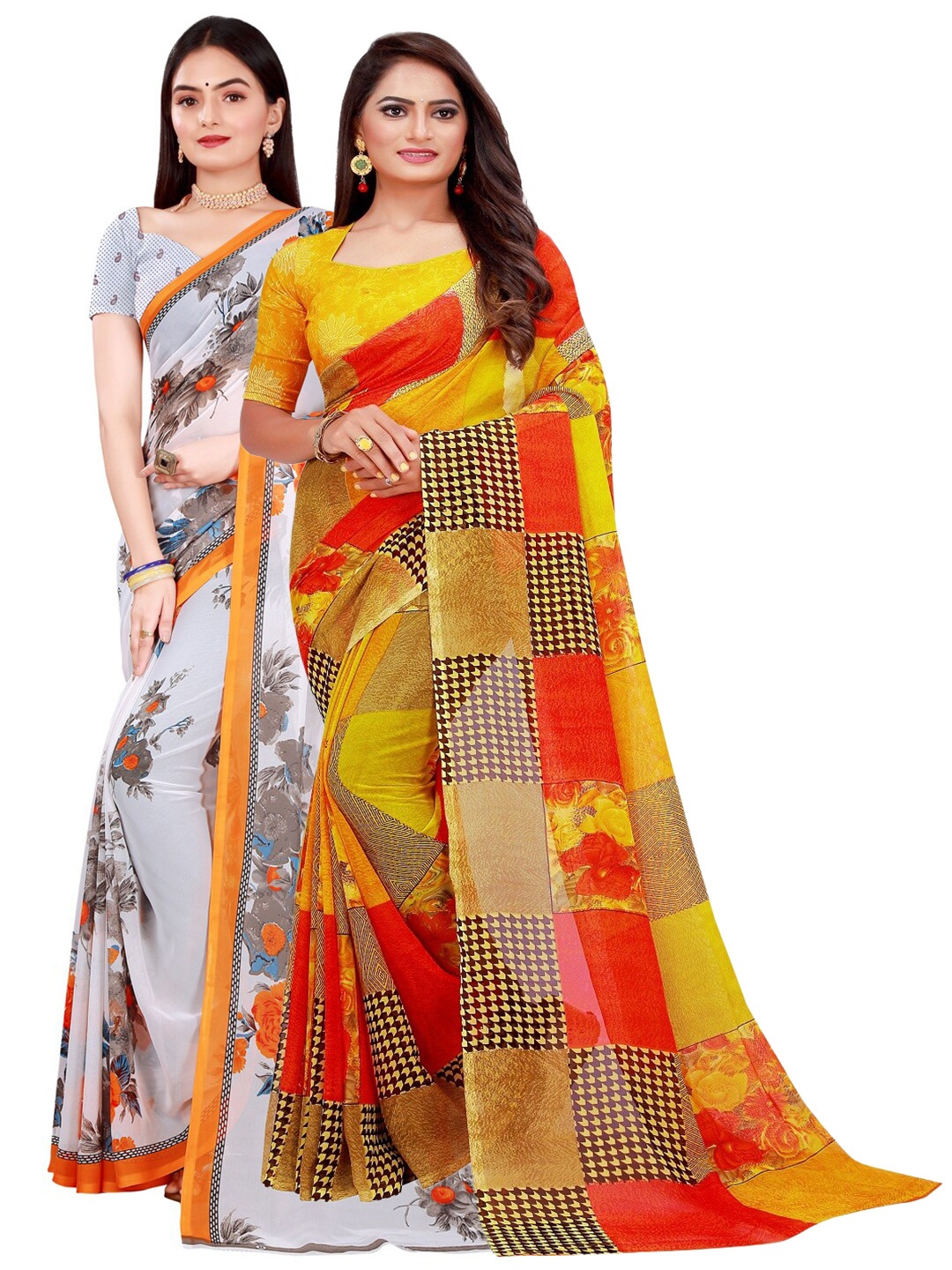 

KALINI Pack of 2 Printed Pure Georgette Sarees, Yellow