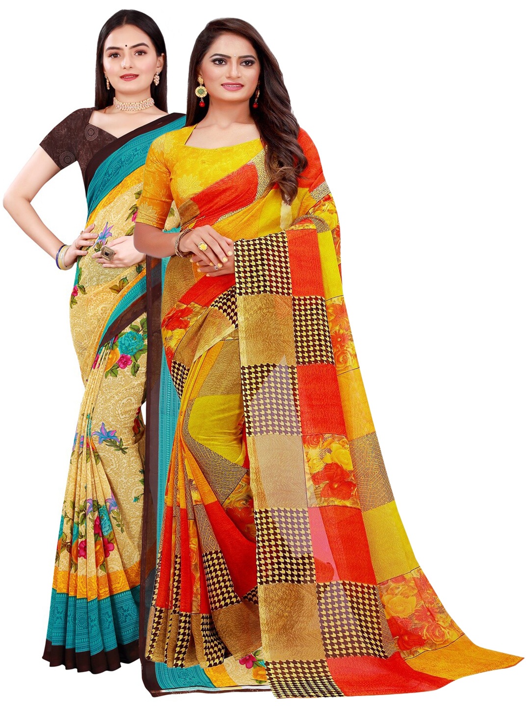 

KALINI Pack Of 2 Red & Red Pure Georgette Saree