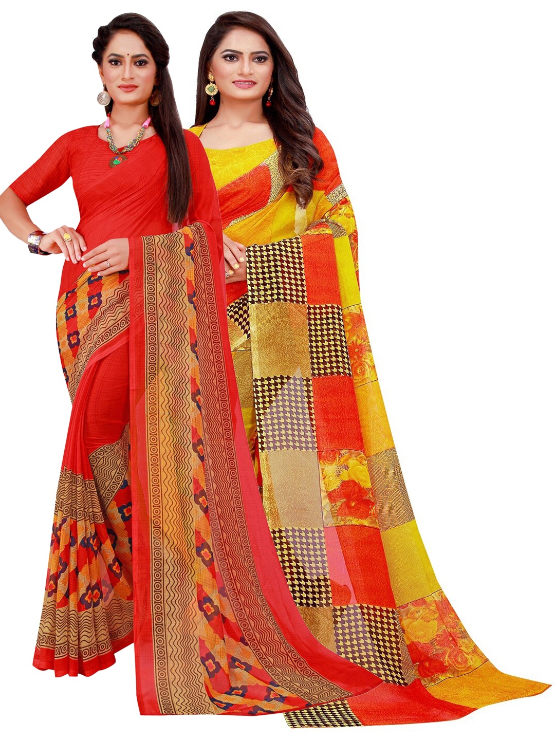 

KALINI Pack of 2 Red & Yellow Floral Pure Georgette Sarees
