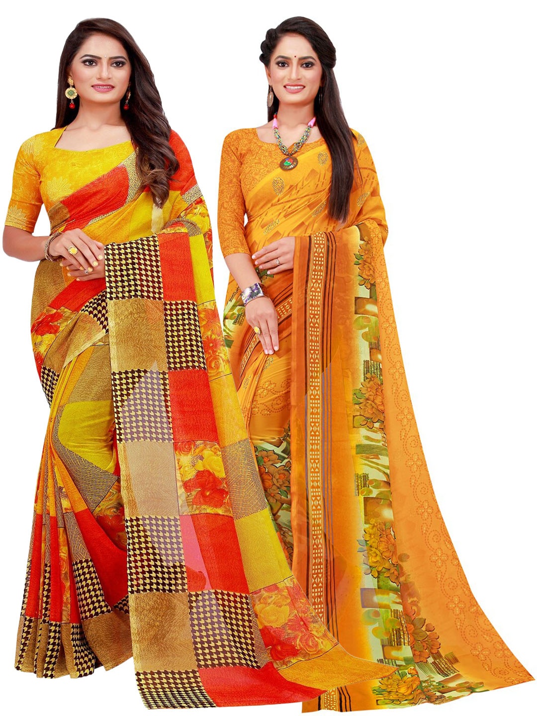 

KALINI Yellow & Green Set Of 2 Floral Pure Georgette Saree