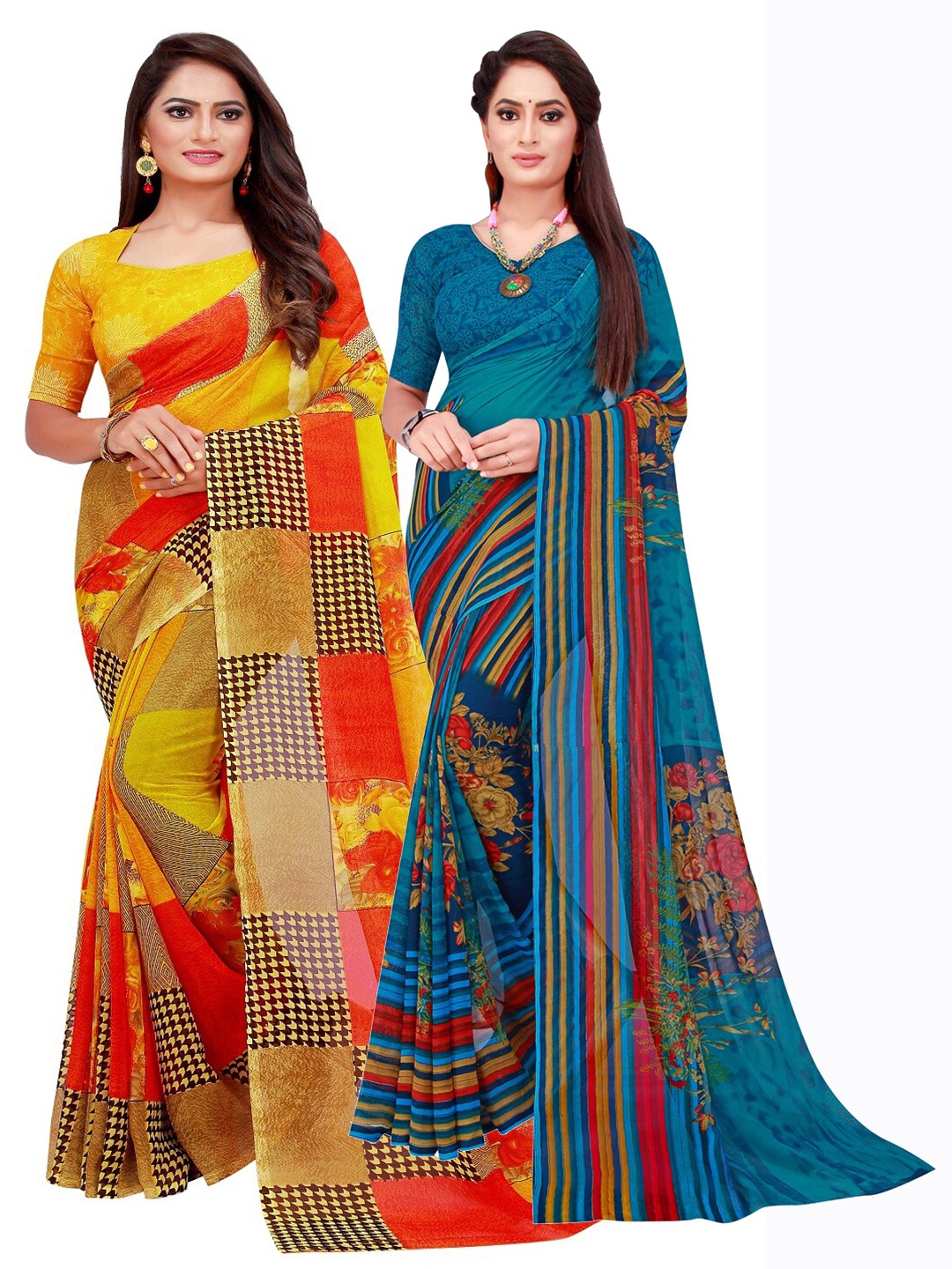 

KALINI Set Of 2 Yellow & Blue Floral Pure Georgette Saree