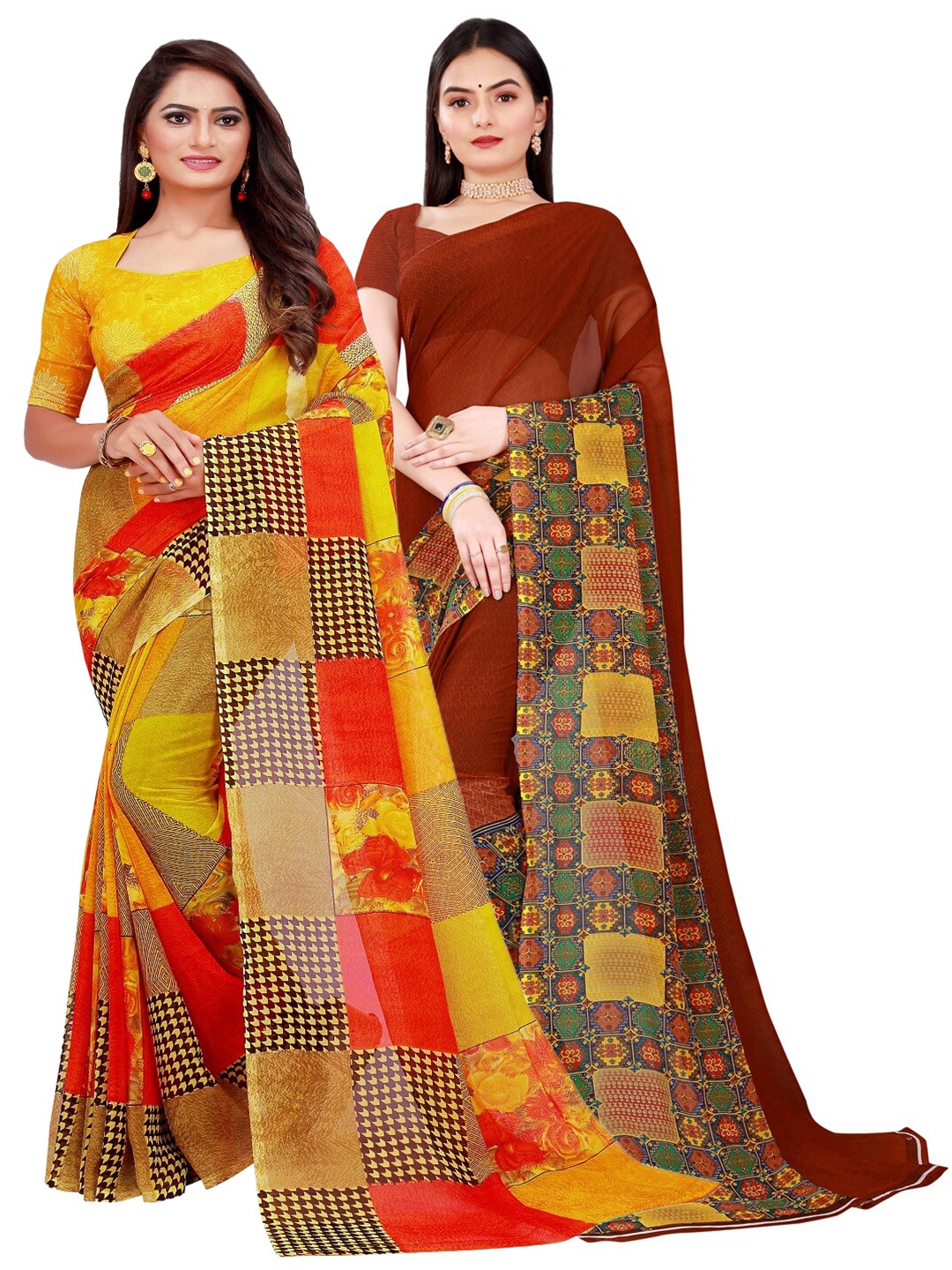 

KALINI Yellow & Maroon Set Of 2 Floral Pure Georgette Saree