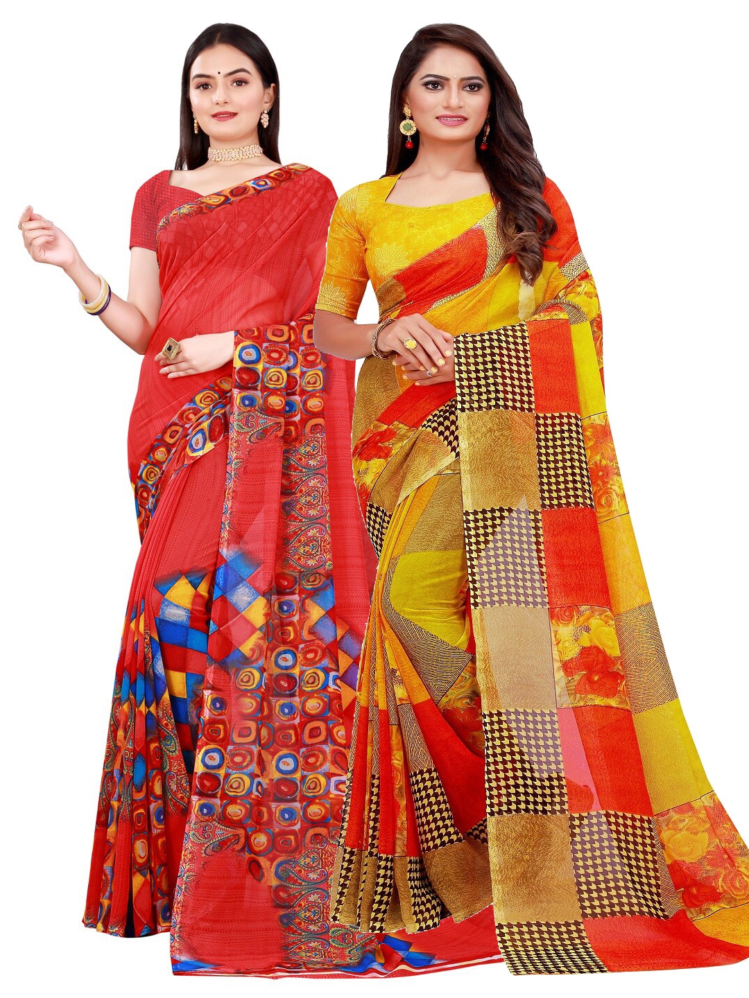 

KALINI Red & Yellow Printed Pure Georgette Saree Pack Of 2