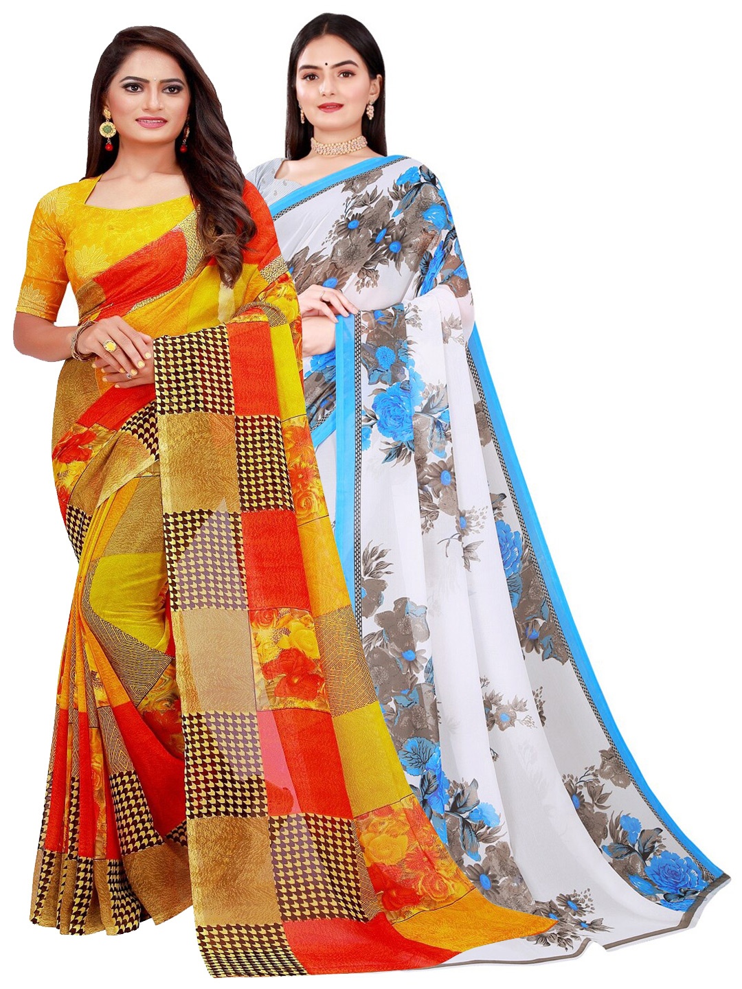 

KALINI Pack Of 2 Yellow & White Floral Printed Pure Georgette Saree