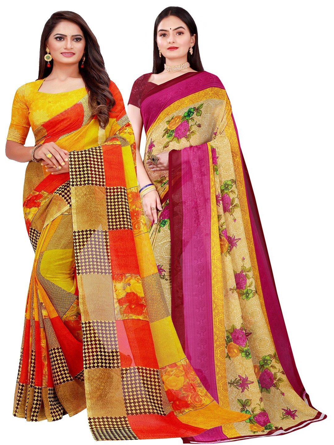 

KALINI Pack of 2 Beige & Yellow Pure Georgette Sarees