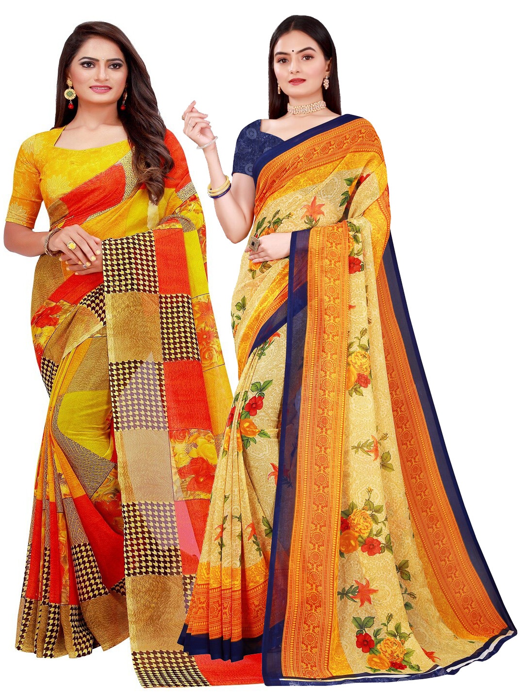 

KALINI Pack of 2 Printed Pure Georgette Sarees, Yellow