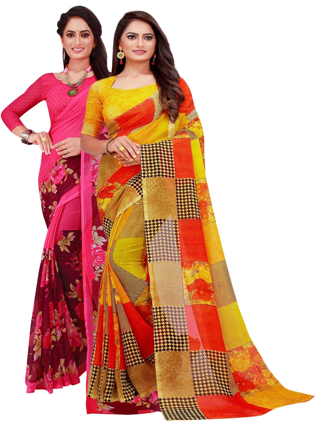 

KALINI Set Of 2 Yellow & Pink Floral Pure Georgette Saree
