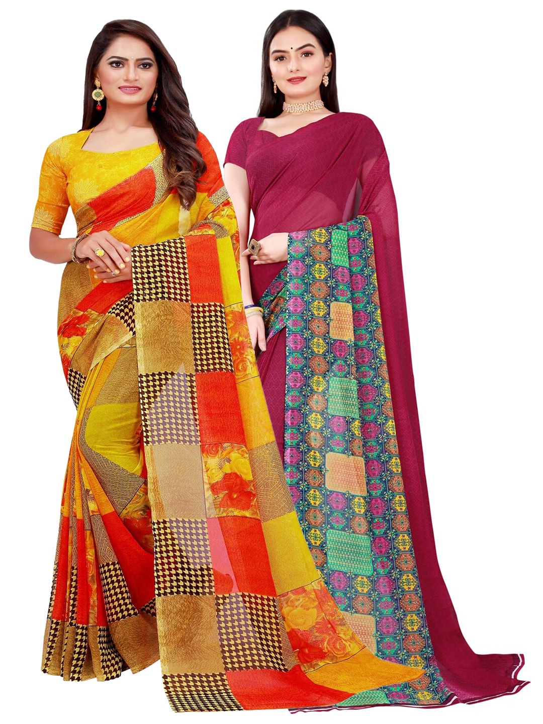 

KALINI Pack Of 2 Yellow & Maroon Pure Georgette Saree