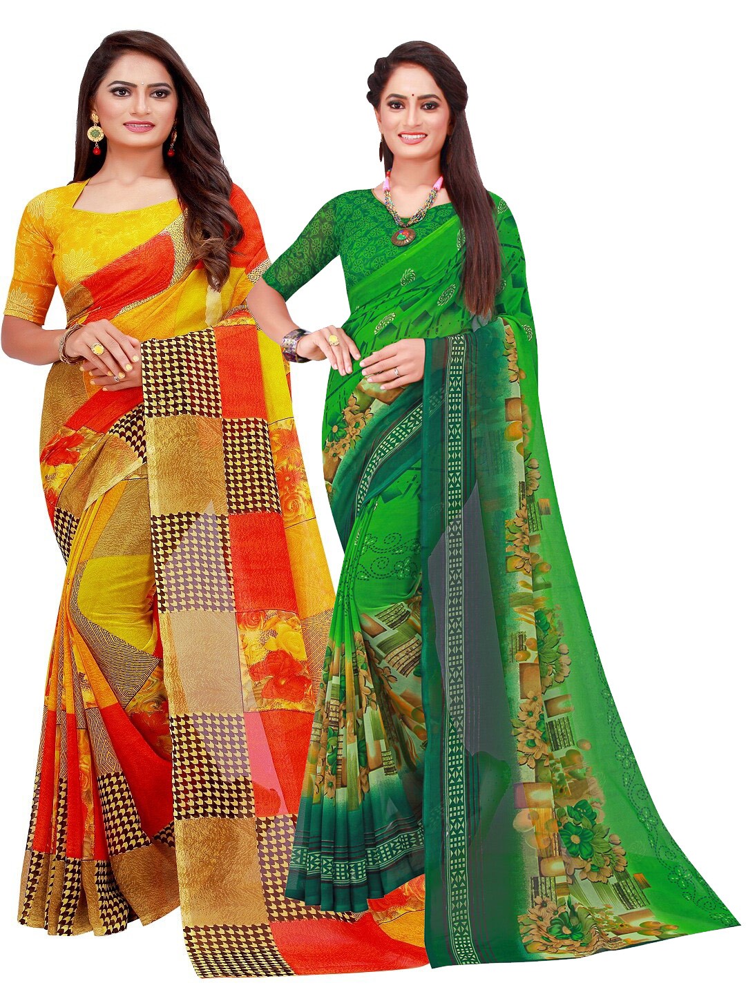 

KALINI Yellow & Green Set Of 2 Floral Pure Georgette Saree