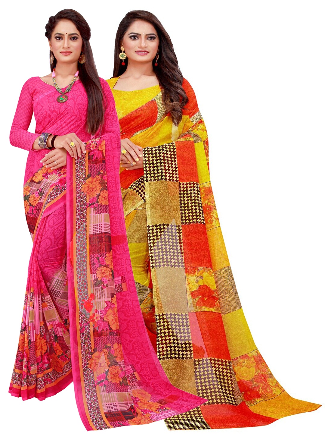 

KALINI Magenta & Yellow Printed Pure Georgette Saree Pack Of 2