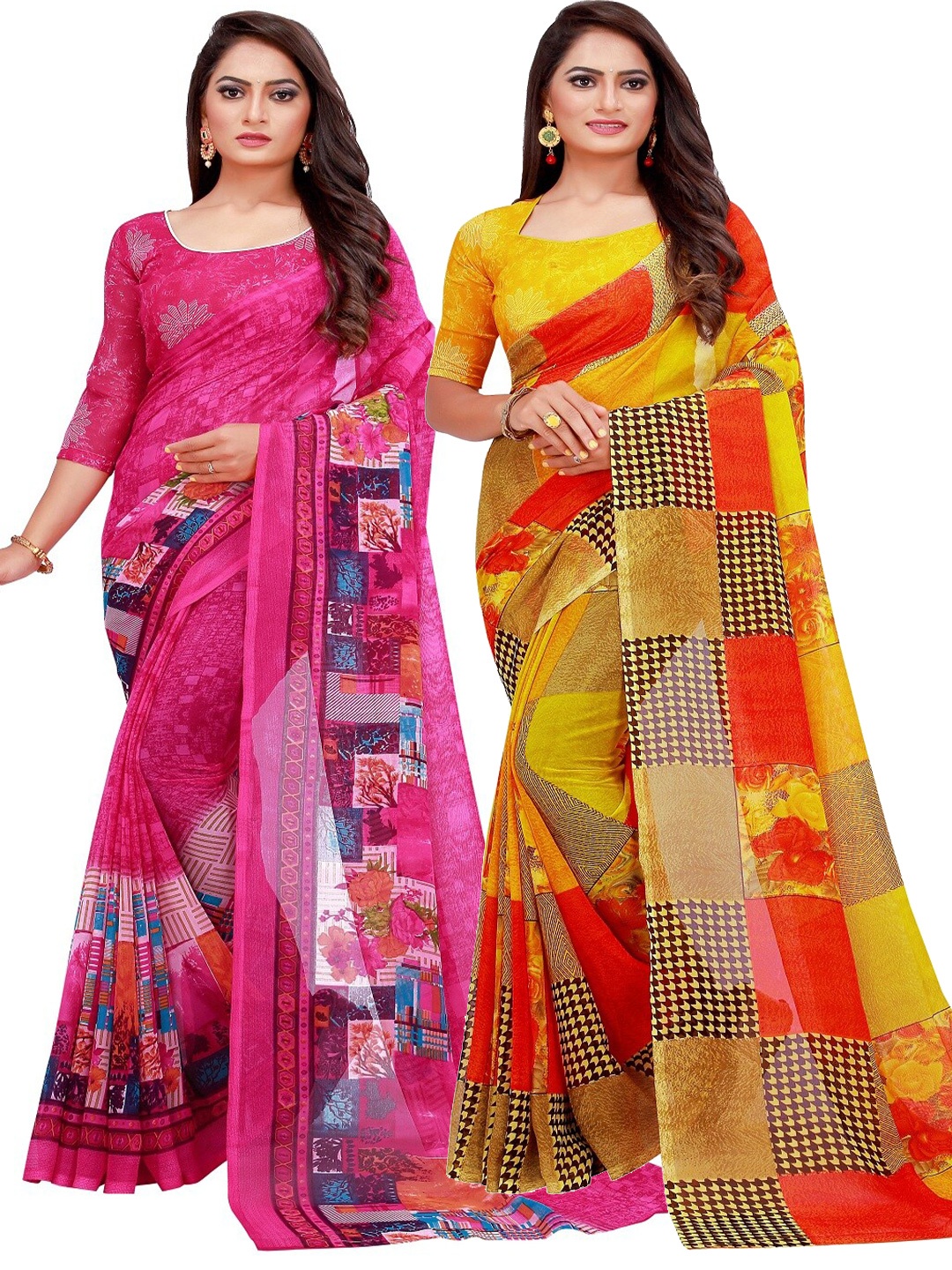 

KALINI Pack of 2 Printed Pure Georgette Sarees, Yellow