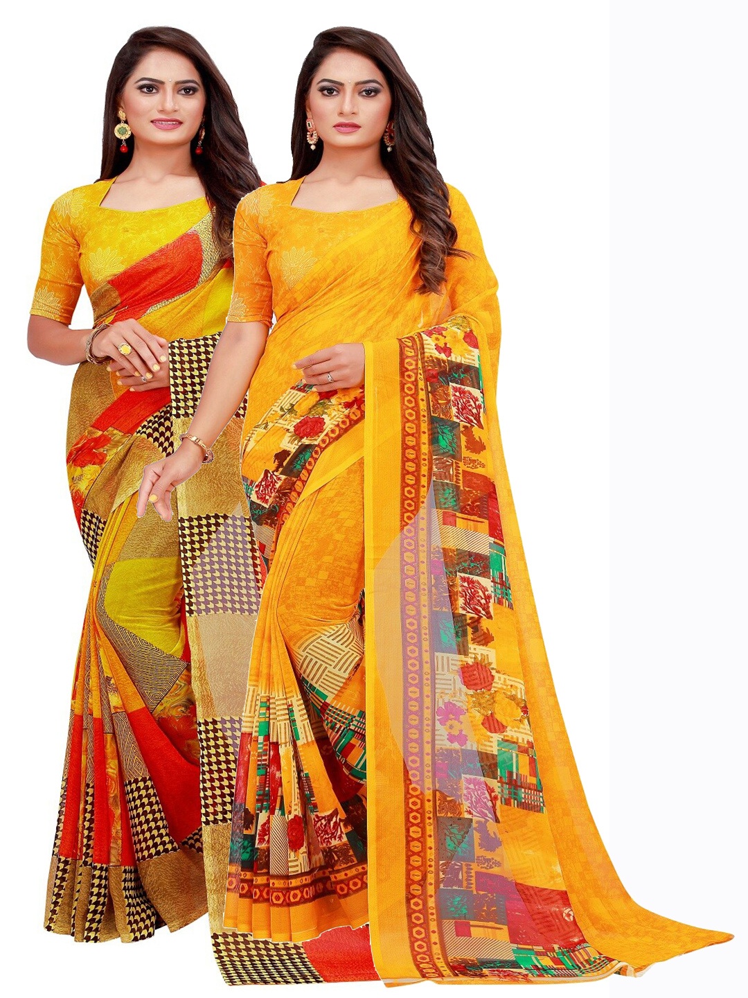 

KALINI Set Of 2 Yellow & Red Floral Pure Georgette Saree