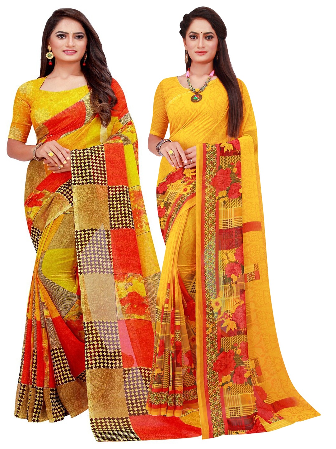 

KALINI Pack of 2 Yellow & Red Floral Pure Georgette Sarees