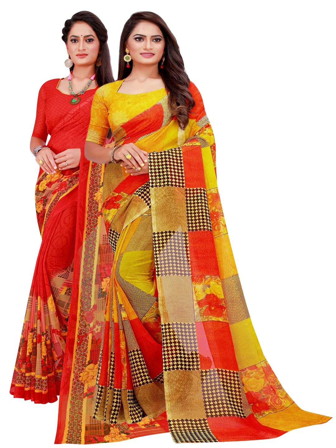 

KALINI Red & Yellow Set of 2 Floral Printed Georgette Saree