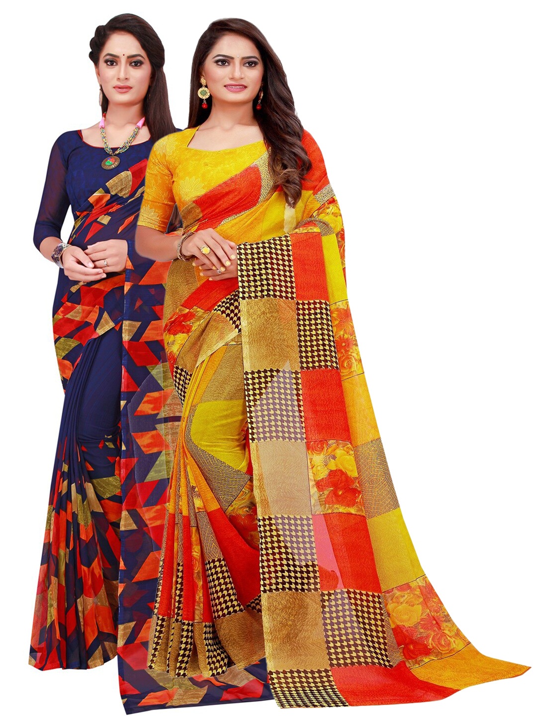 

KALINI Pack of 2 Navy Blue & Yellow Pure Georgette Sarees