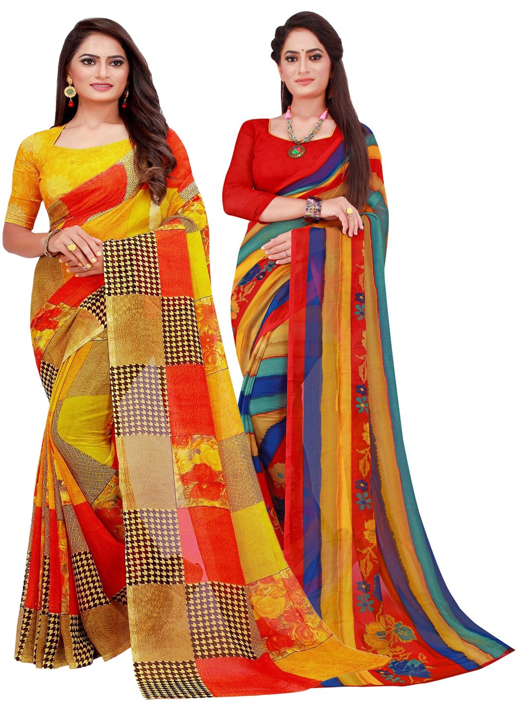 

KALINI Pack of 2 Printed Pure Georgette Sarees, Red