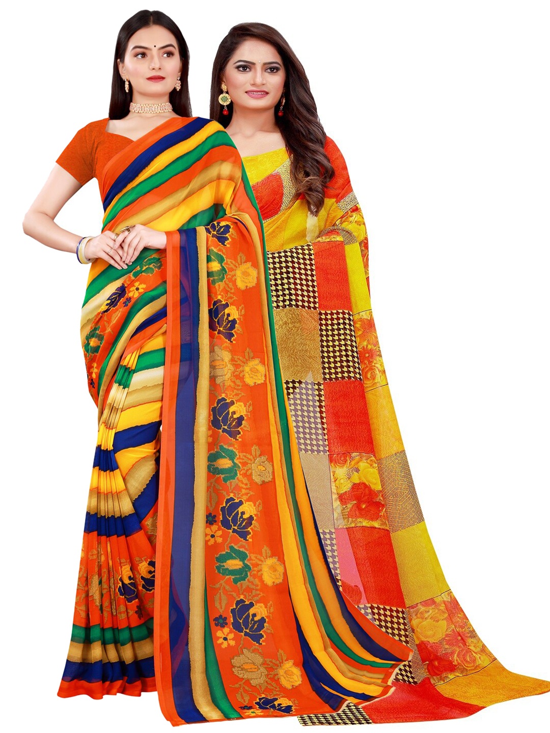 

KALINI Yellow & Blue Set Of 2Floral Pure Georgette Saree