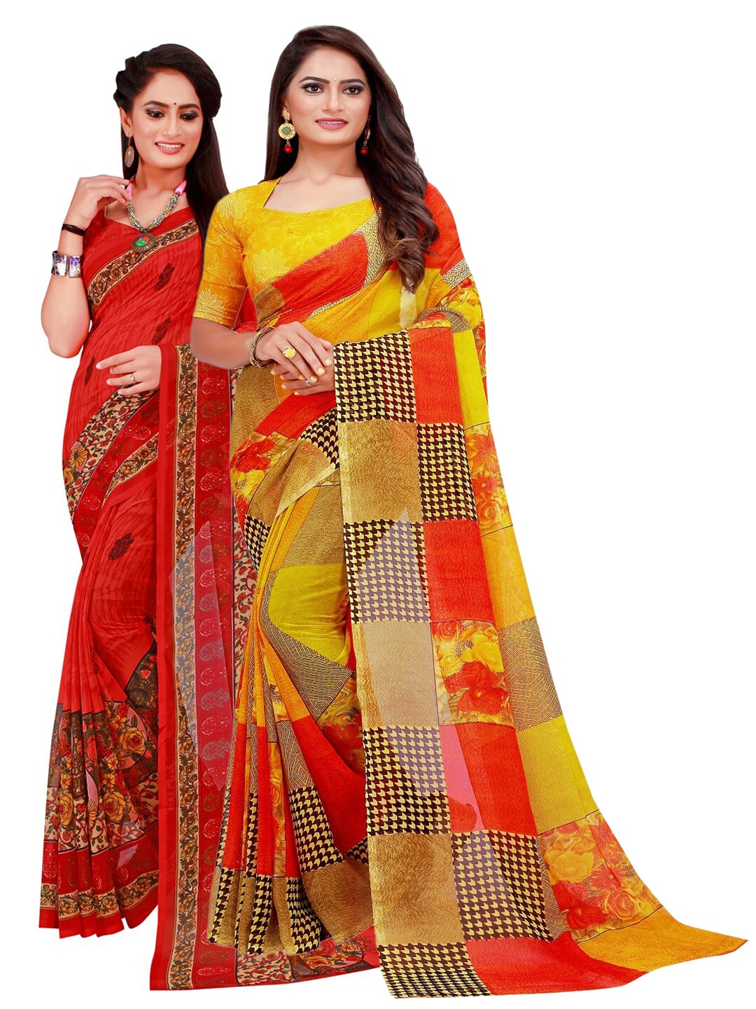 

KALINI Pack Of 2 Yellow & Red Floral Printed Pure Georgette Saree