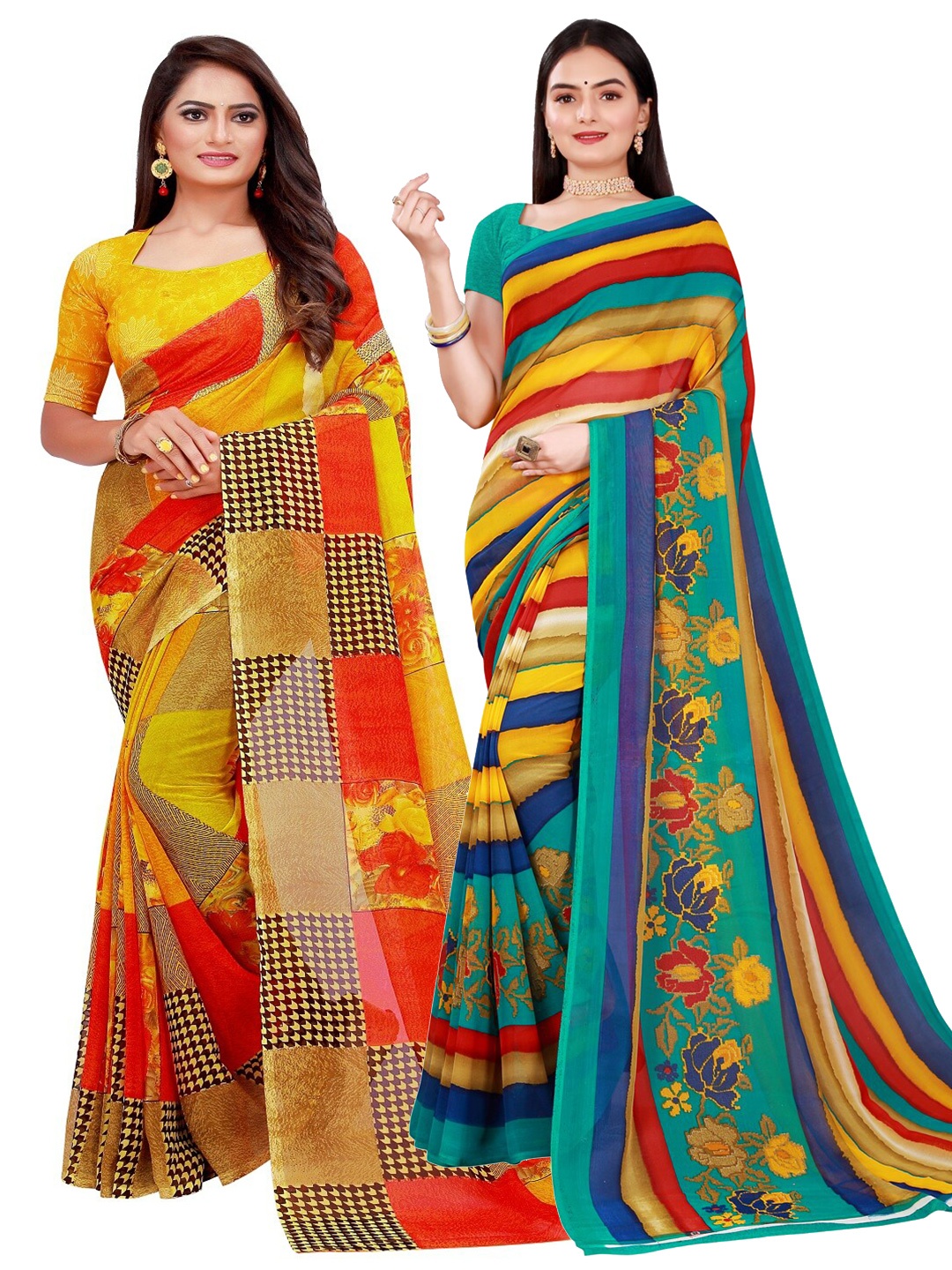 

KALINI Pack of 2 Blue & Green Pure Georgette Sarees