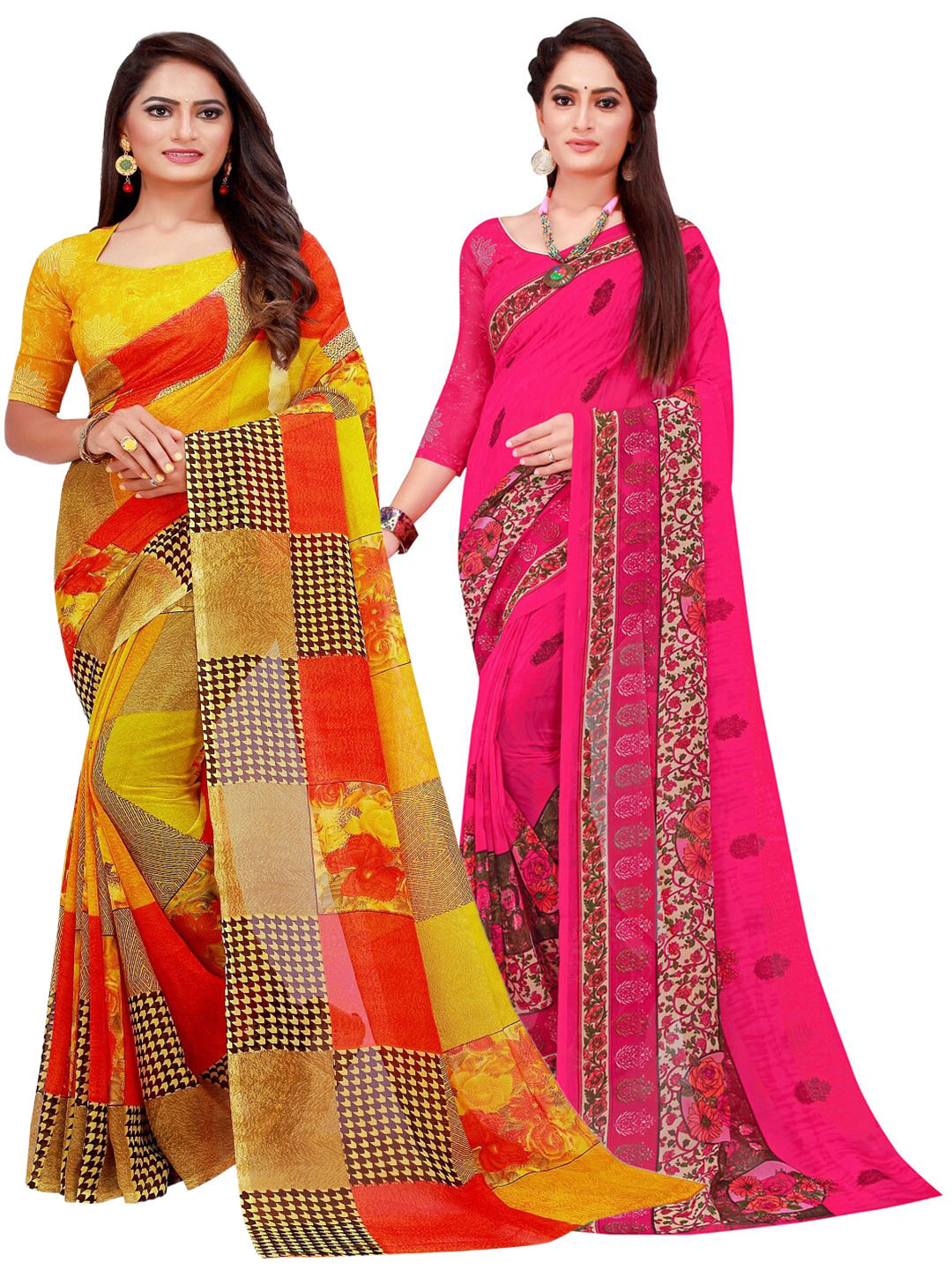 

KALINI Pack Of 2 Yellow & Pink Pure Georgette Saree