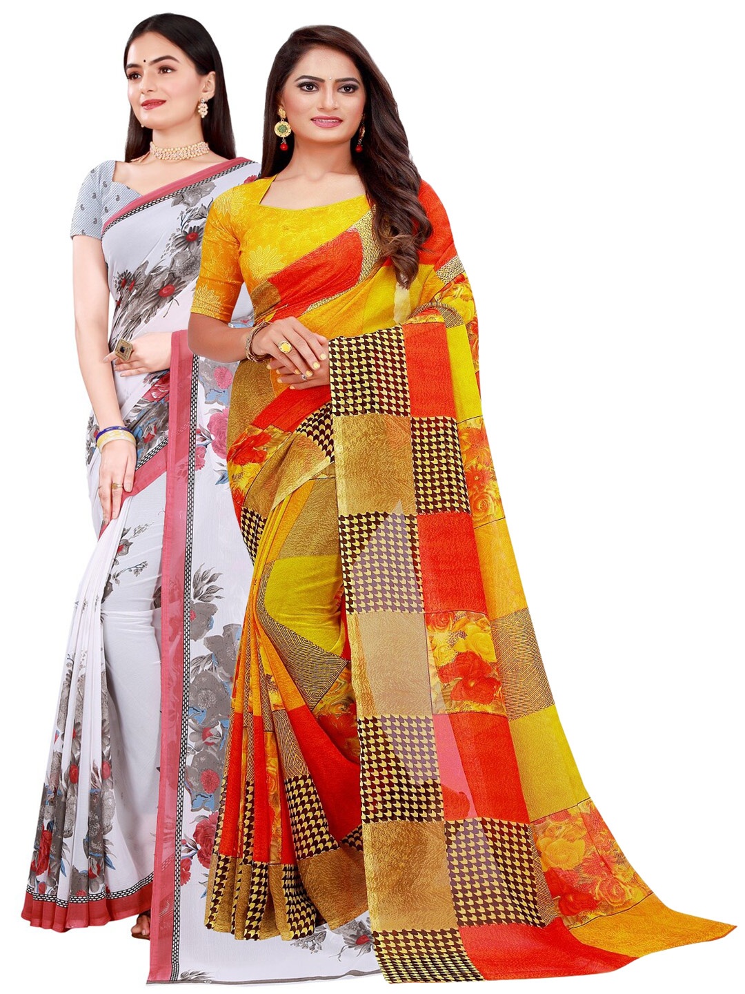 

KALINI Set Of 2 Yellow & White Floral Pure Georgette Saree