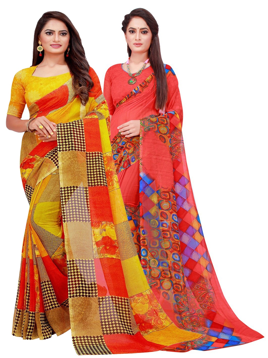 

KALINI Pack of 2 Yellow & Pink Pure Georgette Sarees